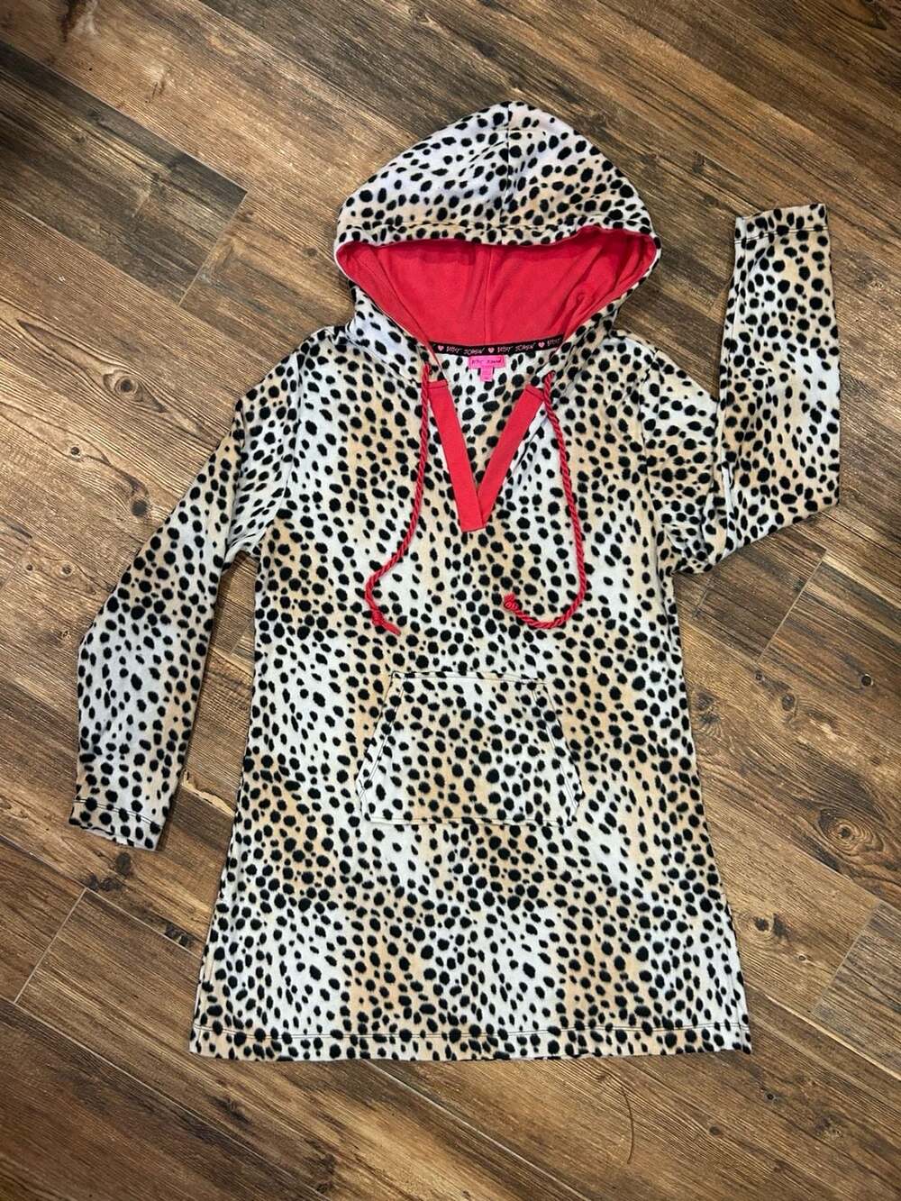 Betsey Johnson Leopard Cheetah Print Fleece Hoodie Tunic Dress With Pocket